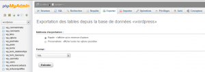 Migrer la base de donnée de WordPress fait partie de ces opérations indispensable pour pouvoir migrer sont site WordPress d’un serveur Web à un autre. Qu’il s’agisse d’un changement de prestataire ou tout simplement d’une installation en local de Wordpres (via MAMP, WAMP ou XAMP) que l’on souhaite migrer chez un hébergeur, cette migration permettra de récupérer tous le contenu de votre site : pages, articles, menus… Les prés-requis Les opérations export/import de la base de données, se feront à l’aide du logiciel PHPmyAdmin. Même si les avis sur ce logiciels sont très controversé, jugé facile d’utilisation par certain, jugé sur ses failles de sécurités par d’autre, en attendant, il a mérite d’être installé sur de nombreux serveurs xAMP. C’est pourquoi cet article sera articulé autour de ce dernier. Il faudra également un éditeur de texte permettant d’ouvrir des fichiers au format .sql. Il devra permettre également de rechercher un terme et de le remplacer par un autre. L’idée est de remplacer toutes les lignes où est mentionnée l’URL actuel pour la remplacer par la nouvelle. Ici c’est Notepad++ qui est retenu pour sa notoriété, bien que cette fonction existe dans tous bons éditeurs de texte qui se respectent. Exportation de la base de données : Dans un premier temps il faut se connecter à PHPmyAdmin. Pour ceux qui sont sur une installation en local via MAMP, WAMP, XAMP voire même sur un serveur LAMP maison, ouvrez votre navigateur, puis taper l’adresse IP du serveur suivit de phpmyadmin (ex : http://192.168.1.254/phpmyadmin). Pour les autres qui doivent avoir installé WordPress chez un hébergeur, il faudra se connecter au tableau de bord de l’hébergeur. Une fois dans ce tableau de bord repérez l’endroit où l’on gère les bases de données. Un bouton PHPmyAdmin devrait s’y trouver. En cas de besoin n’hésitez pas à contacter le support technique de l’hébergeur. Nota : mise en garde concernant les serveurs LAMP. Il n’est pas rare que le dossier contenant PHPmyAdmin soit écrit comme ceci PhpMyAdmin mélangeant des majuscules/minuscule. Pour le vérifier, allez dans /usr/share. Pour rappel, Linux est sensible à la casse, pensez bien à mettre les majuscules dans l’URL, soit : http://192.168.1.254/PhpMyAdmin, ou bien créer un lien symbolique à l’aide la commande suivant : # ln –s /usr/share/PhpMyAdmin /usr/share/phpmyadmin Sélectionnez votre base de données dans la barre latérale de gauche, puis cliquez sur l’onglet Exporter. IMAGE_2 Laissez les réglages par défaut, puis cliquez sur le bouton Exécuter, puis sur Enregistrer le fichier. Une fois enregistrer, ouvrez le fichier avec l’éditeur de texte. Dans Notepad++, allez dans le menu Rechercher, puis Remplacer…. Dans le champ Recherche : saisissez l’ancien nom de domaine de votre blog. Pour ceux qui utilisent un serveur local il s’agit de l’adresse IP du serveur (ex :http://192.168.1.254). Dans le second champ, Remplacer par : saisissez le nouveau nom de domaine, puis cliquez sur Remplacer tout. Notpad++ va alors modifier toutes les lignes où se trouve l’ancien nom de domaine par le nouveau. Importation de la base de données : Il va falloir se connecter au tableau de bord de l’hébergeur ou nouvel hébergeur pour ceux qui migrent d’un prestataire à l’autre. Rendez-vous à présent dans PHPMyAdmin, puis allez directement dans l’onglet Importer. Cliquez sur le bouton Parcourir… recherchez votre fichier.sql, puis cliquez sur le bouton Exécuter pour lancer l’opération